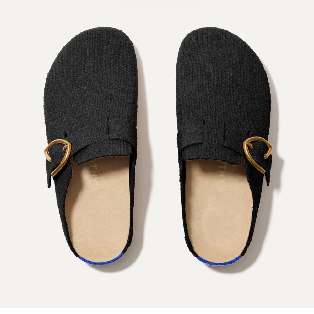 Rothy's black buckle clogs